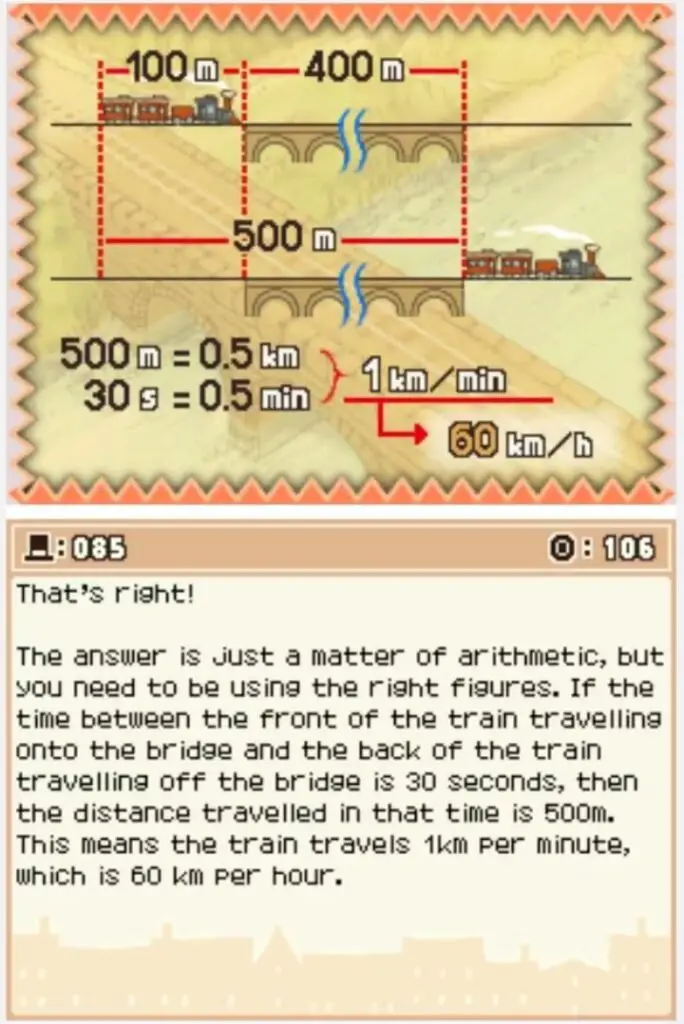 Answer screen for Professor Layton and the Curious Village Puzzle 85 (EU) - Train Speed