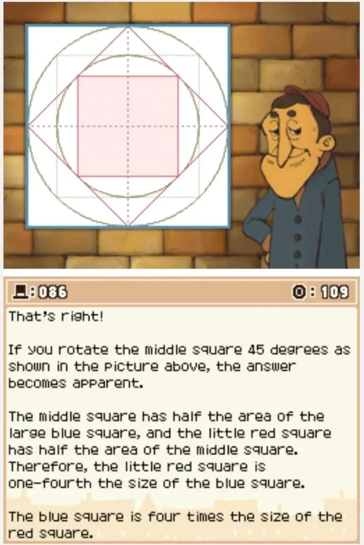 Answer screen for Professor Layton and the Curious Village Puzzle 086 - Square and Circles