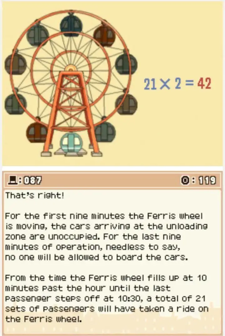 Answer screen for Professor Layton and the Curious Village Puzzle 087 - Ferris Wheel Puzzle