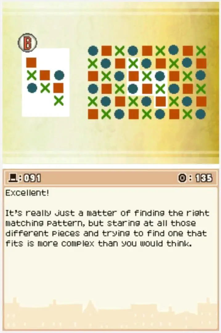 Answer screen for Professor Layton and the Curious Village Puzzle 091 - Pattern Matching