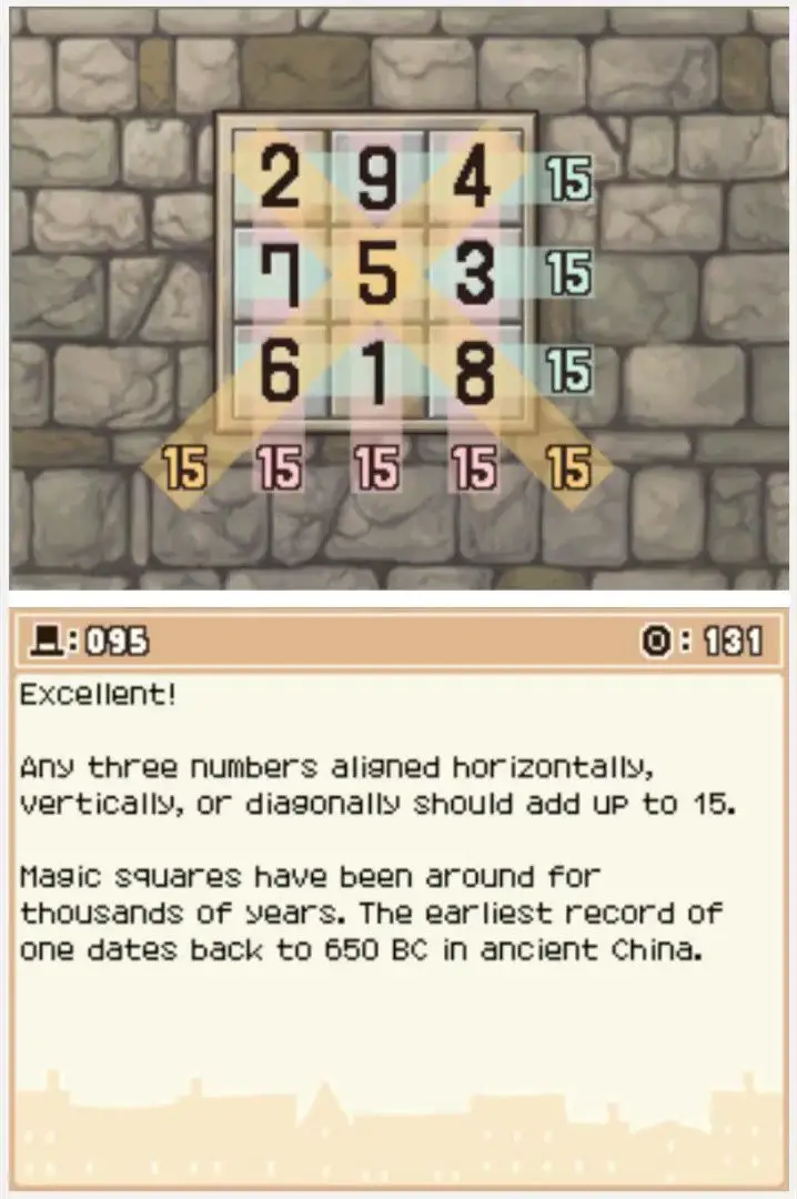 Answer screen for Professor Layton and the Curious Village Puzzle 095 - A Magic Sequence