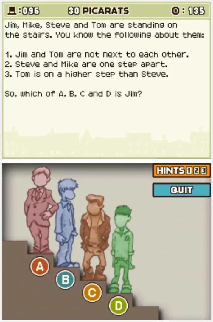 Puzzle overview for Professor Layton and the Curious Village Puzzle 96 (EU) - On the Stairs