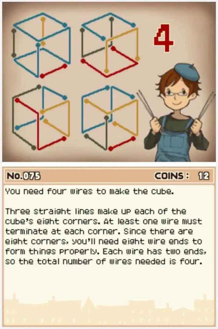 Answer screen for Professor Layton and the Curious Village Puzzle 075 - The Wire Cube