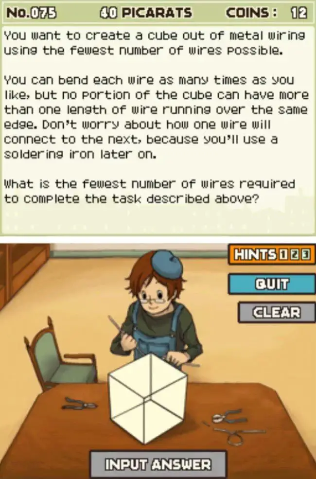 Puzzle overview for Professor Layton and the Curious Village Puzzle 075 - The Wire Cube