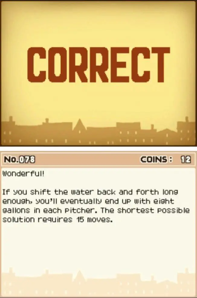 Answer screen for Professor Layton and the Curious Village Puzzle 078 - Water Pitchers