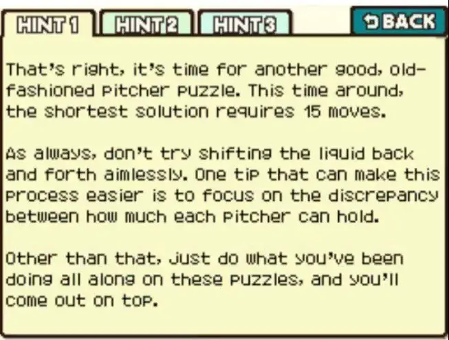 Professor Layton and the Curious Village Puzzle 078 - Water Pitchers Hint 1