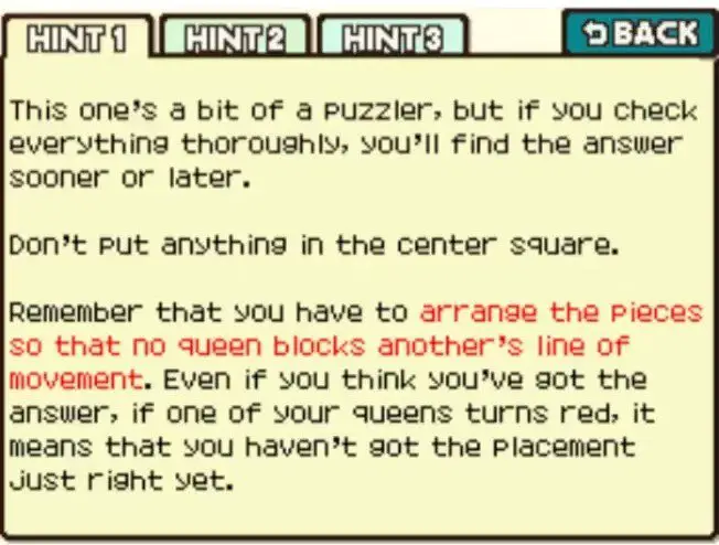 Professor Layton and the Curious Village Puzzle 082 - Too Many Queens 3 Hint 1