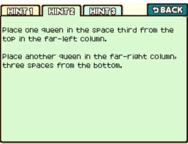 Professor Layton and the Curious Village Puzzle 083 - Too Many Queens 4 Hint 2