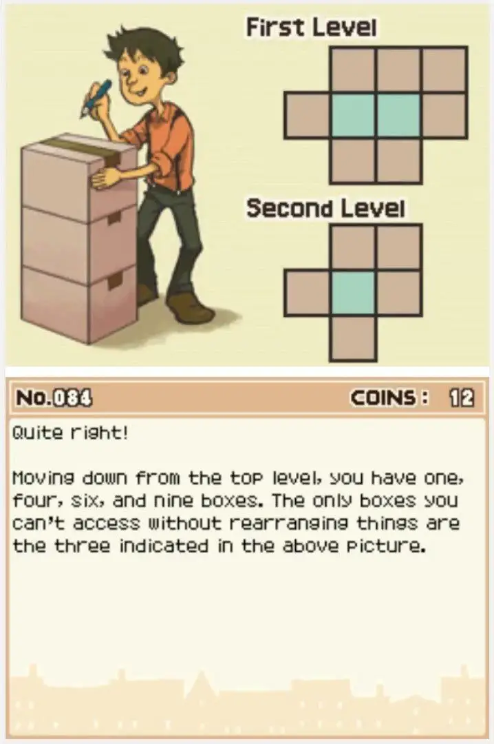 Answer screen for Professor Layton and the Curious Village Puzzle 084 - Which Box to Move