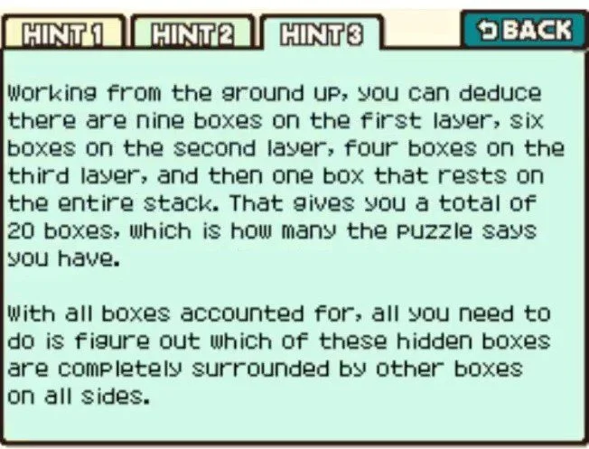 Professor Layton and the Curious Village Puzzle 084 - Which Box to Move Hint 3