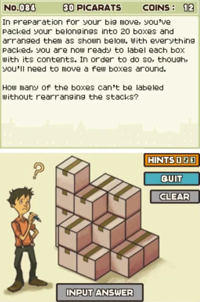 Puzzle overview for Professor Layton and the Curious Village Puzzle 084 - Which Box to Move