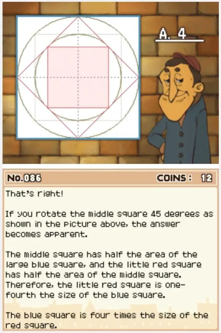 Answer screen for Professor Layton and the Curious Village Puzzle 086 - Square and Circles