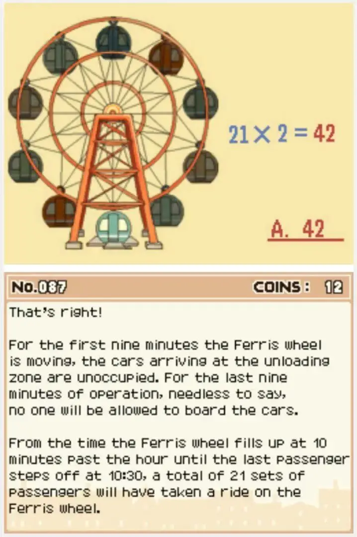 Answer screen for Professor Layton and the Curious Village Puzzle 087 - Ferris Wheel Puzzle