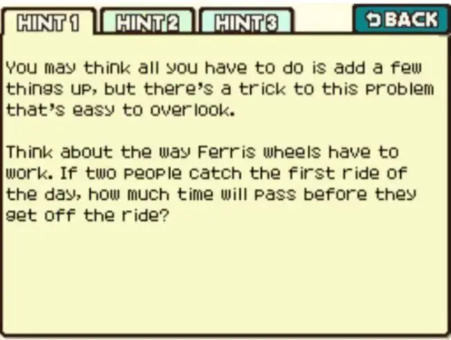 Professor Layton and the Curious Village Puzzle 087 - Ferris Wheel Puzzle Hint 1