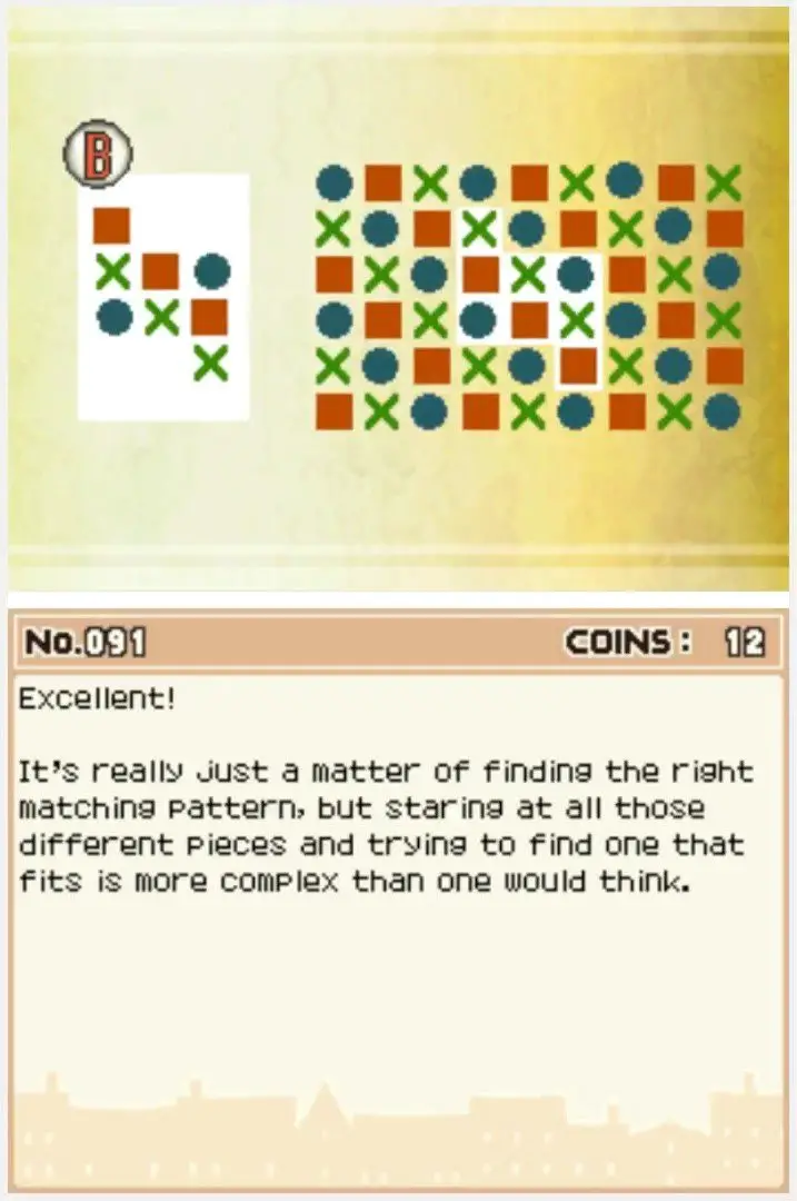 Answer screen for Professor Layton and the Curious Village Puzzle 091 - Pattern Matching