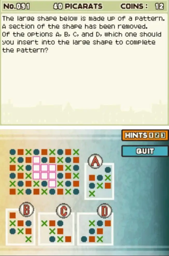 Puzzle overview for Professor Layton and the Curious Village Puzzle 091 - Pattern Matching