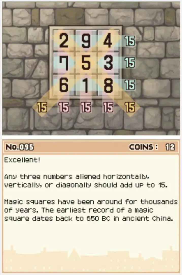 Answer screen for Professor Layton and the Curious Village Puzzle 095 - A Magic Square