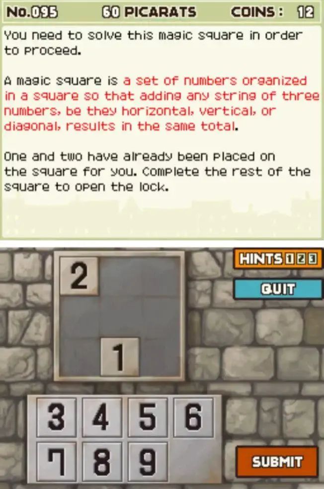 Puzzle overview for Professor Layton and the Curious Village Puzzle 095 - A Magic Square