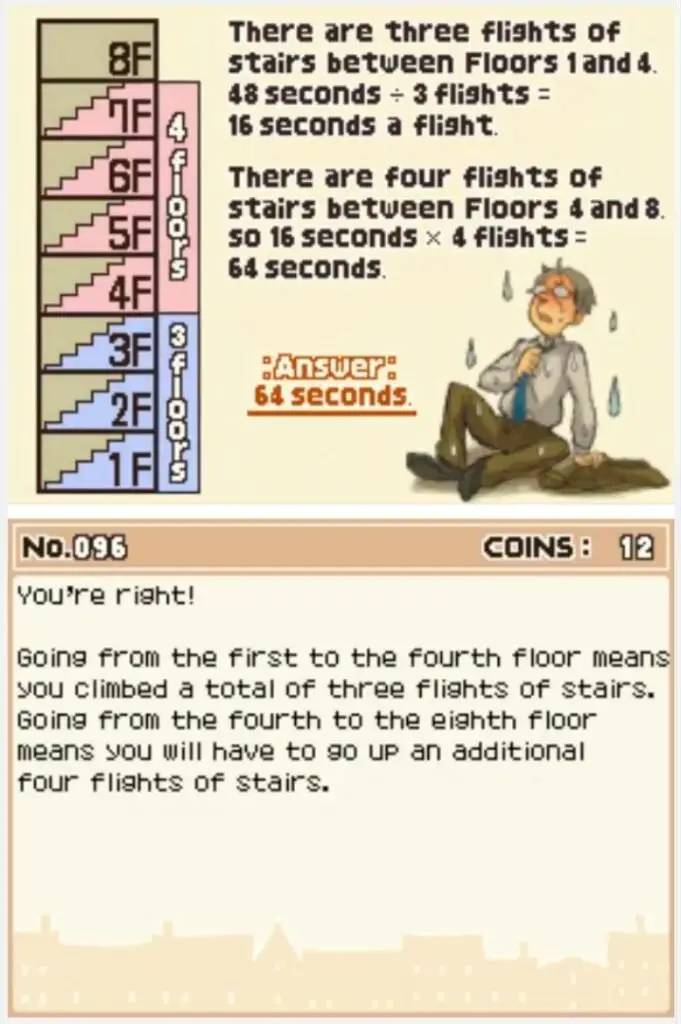 Answer screen for Professor Layton and the Curious Village Puzzle 96 (US) - Take the Stairs