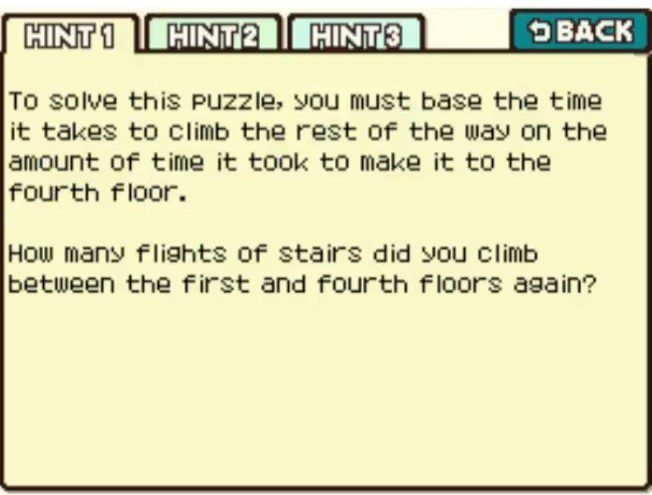 Professor Layton and the Curious Village Puzzle 96 (US) - Take the Stairs Hint 1