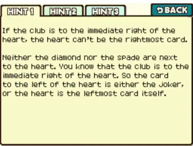 Professor Layton and the Curious Village Puzzle 098 - Card Order Hint 1