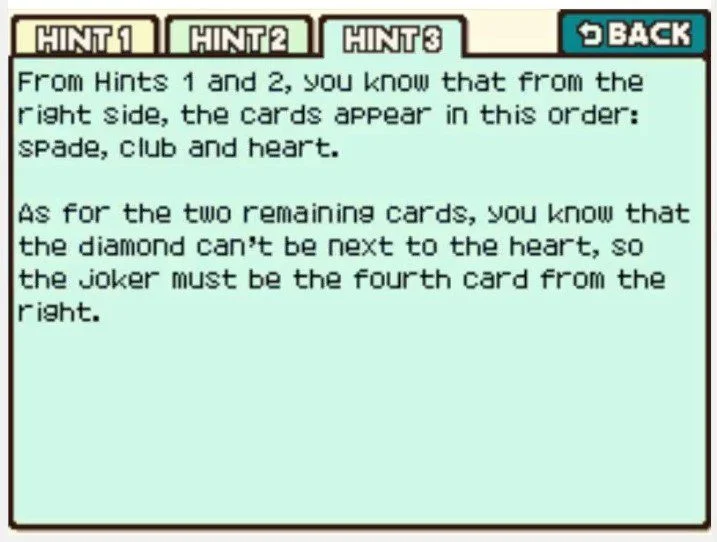 Professor Layton and the Curious Village Puzzle 098 - Card Order Hint 3