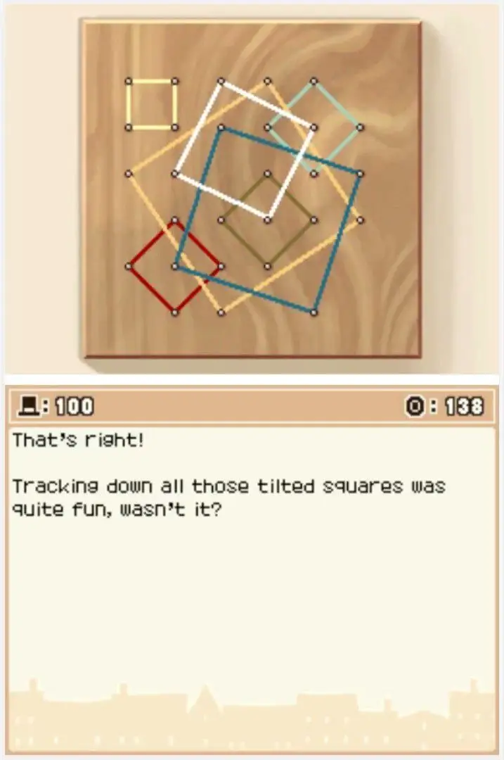 Answer screen for Professor Layton and the Curious Village Puzzle 100 - Seven Squares