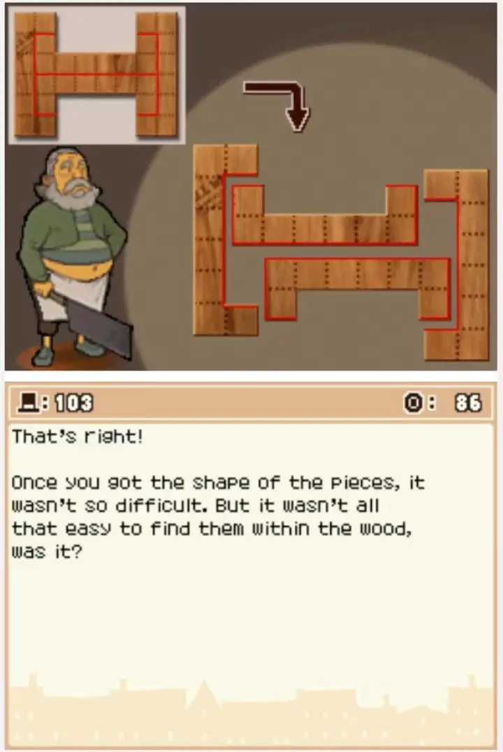 Answer screen for Professor Layton and the Curious Village Puzzle 103 - Wood Cutouts