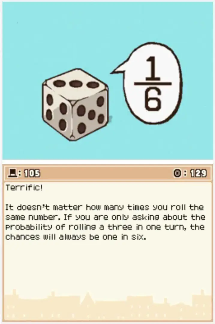 Answer screen for Professor Layton and the Curious Village Puzzle 105 - Rolling a Three