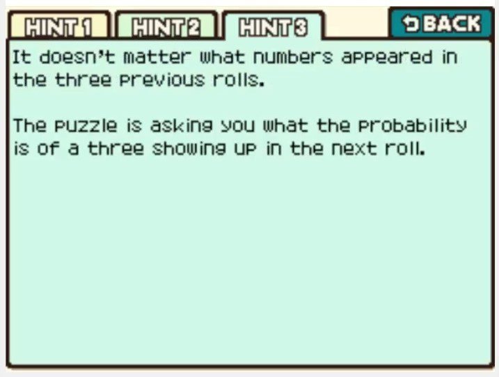 Professor Layton and the Curious Village Puzzle 105 - Rolling a Three Hint 3