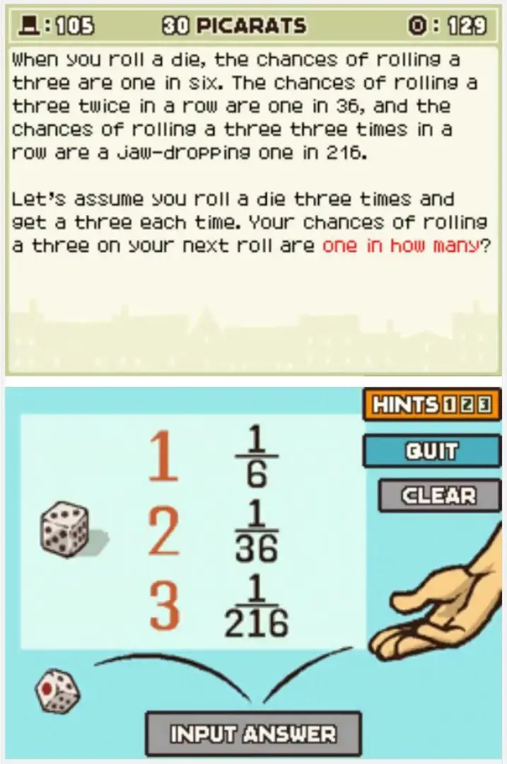 Puzzle overview for Professor Layton and the Curious Village Puzzle 105 - Rolling a Three