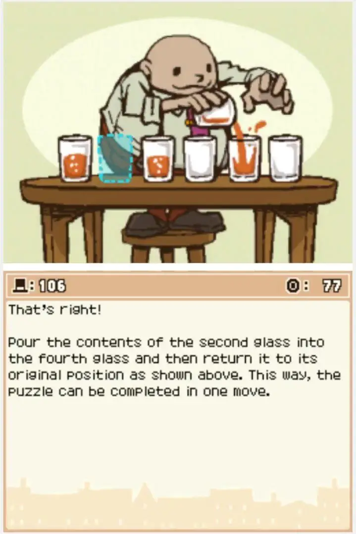 Answer screen for Professor Layton and the Curious Village Puzzle 106 - How Many Glasses?