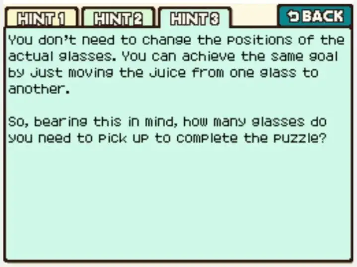 Professor Layton and the Curious Village Puzzle 106 - How Many Glasses? Hint 3