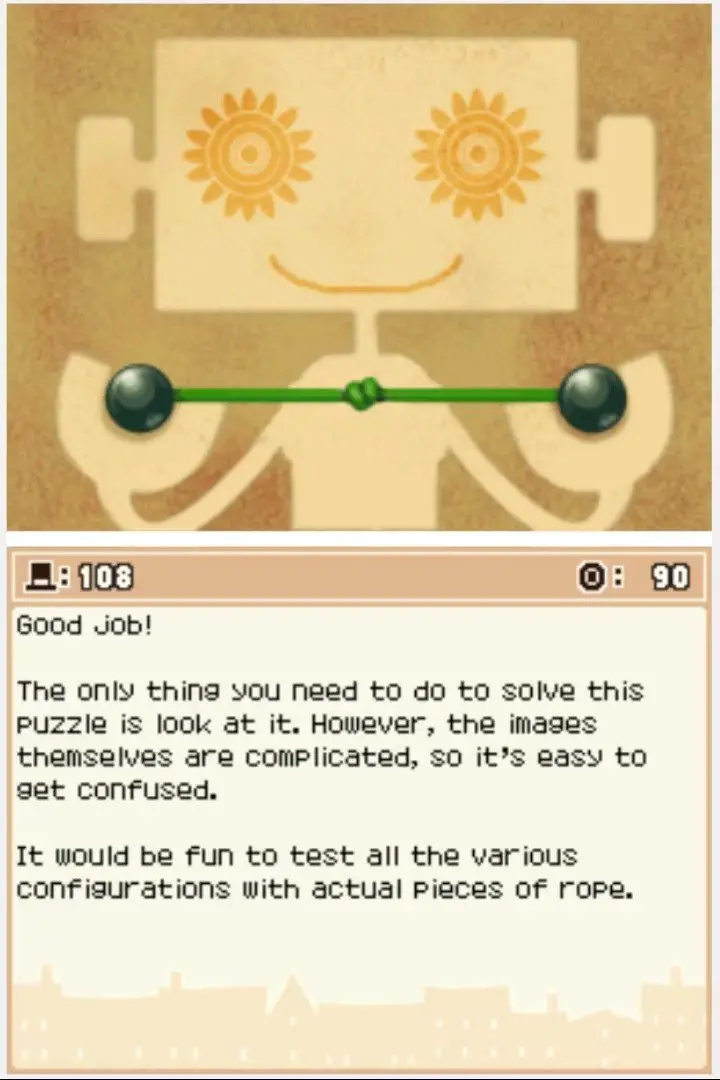 Answer screen for Professor Layton and the Curious Village Puzzle 108 - Not Knots?