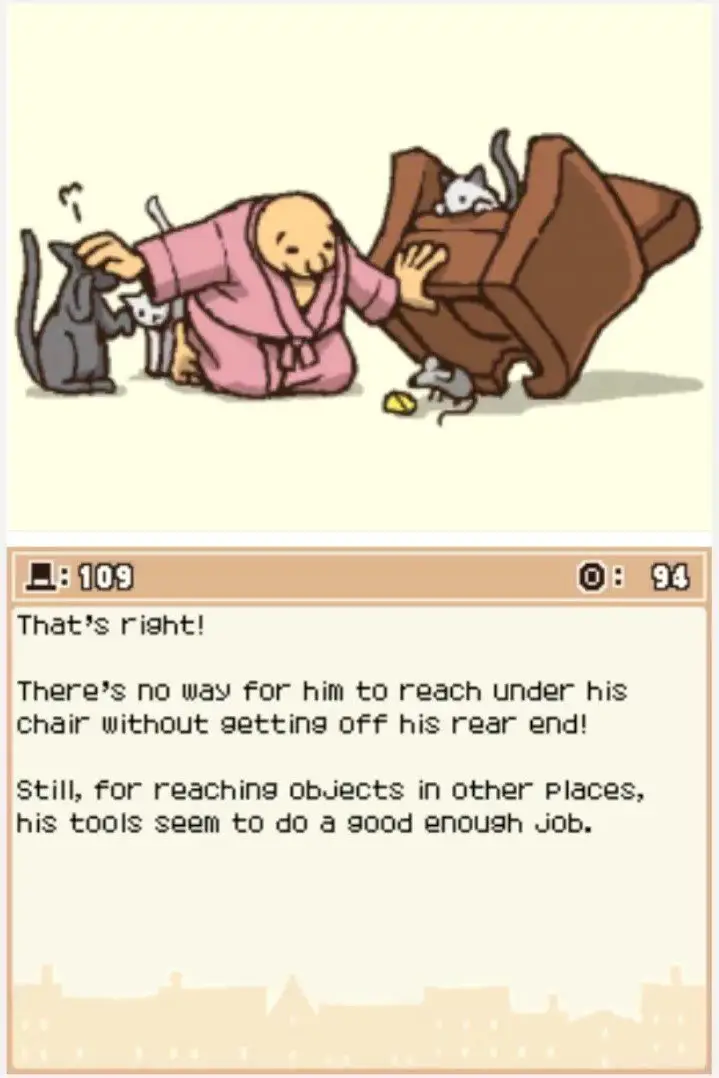 Answer screen for Professor Layton and the Curious Village Puzzle 109 - Laziest Man on Earth