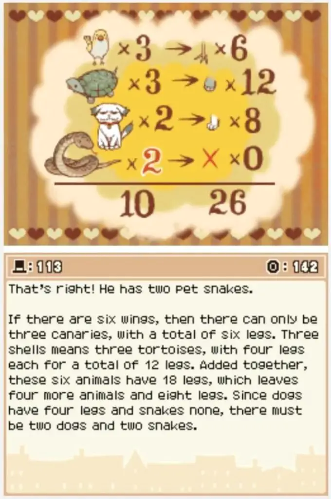 Answer screen for Professor Layton and the Curious Village Puzzle 113 (EU) - Pet Menagerie