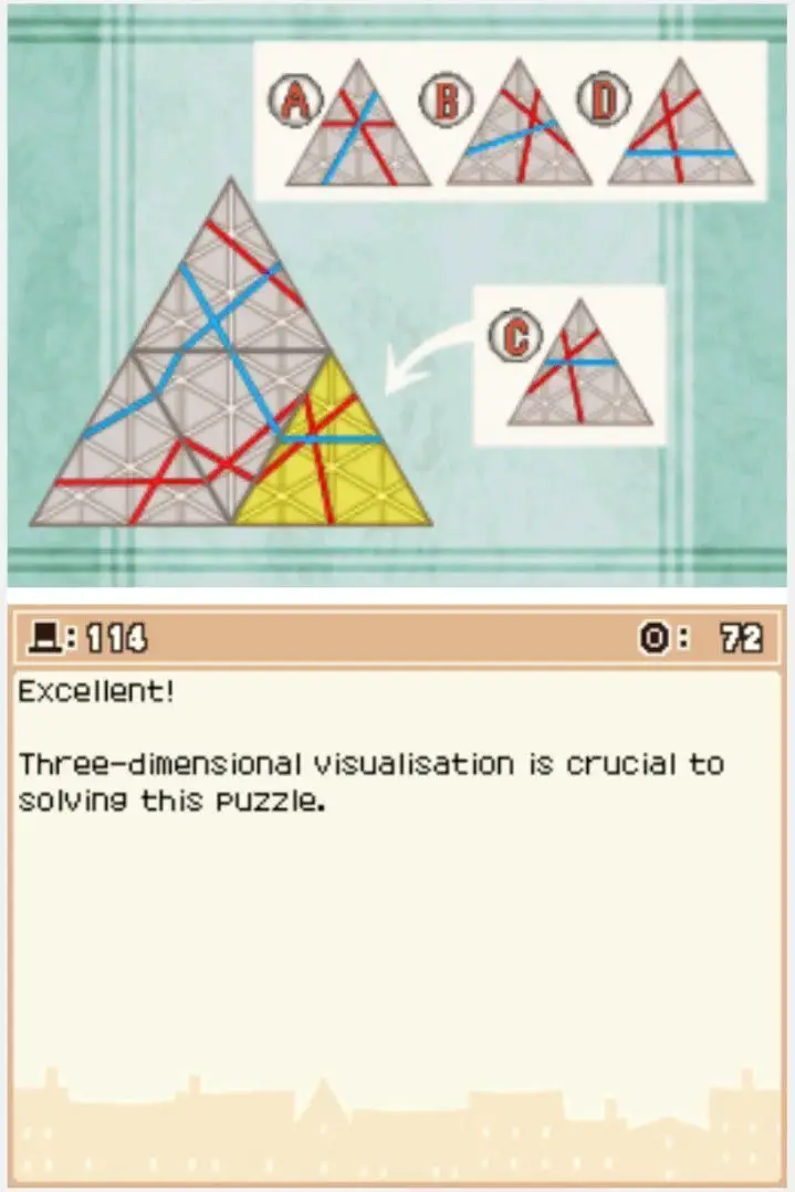 Answer screen for Professor Layton and the Curious Village Puzzle 114 - Tetrahedron Trial