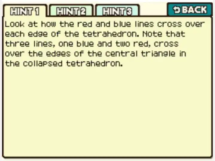 Professor Layton and the Curious Village Puzzle 114 - Tetrahedron Trial Hint 1