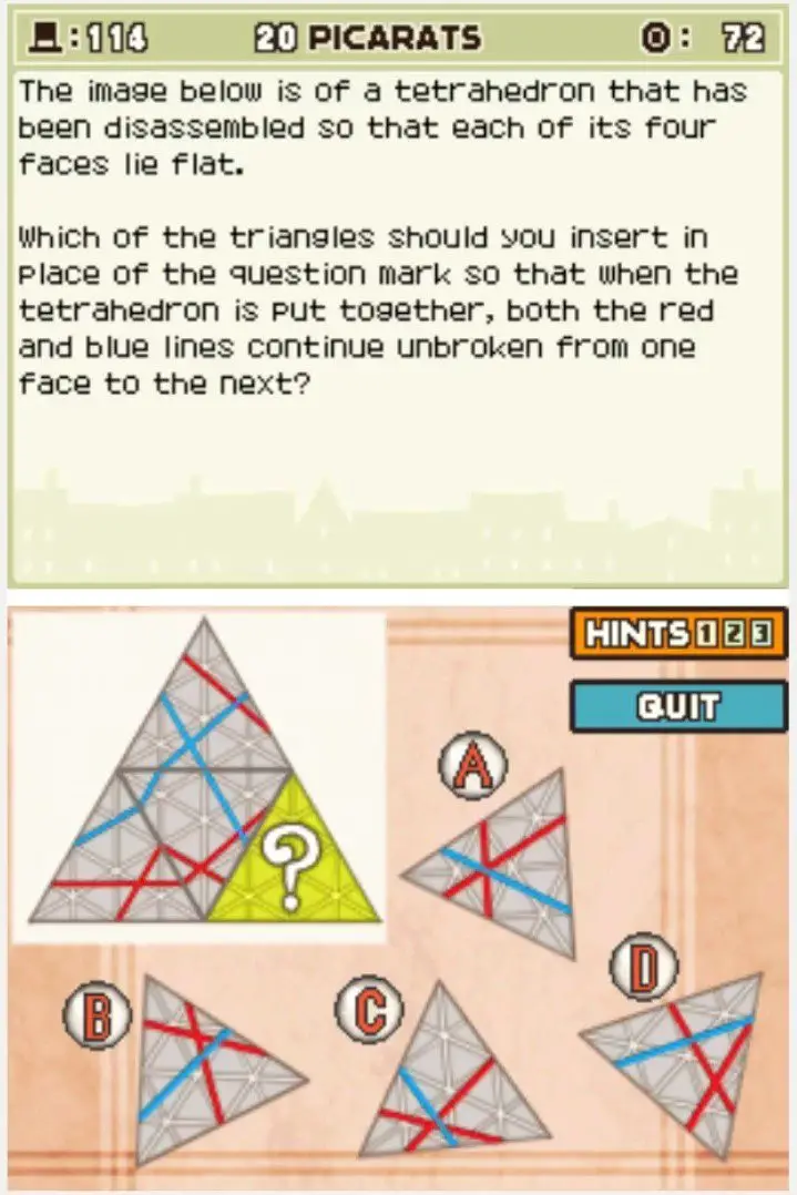 Puzzle overview for Professor Layton and the Curious Village Puzzle 114 - Tetrahedron Trial