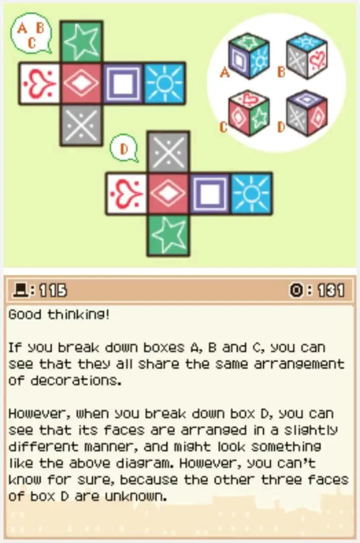 Answer screen for Professor Layton and the Curious Village Puzzle 115 - Odd Box Out