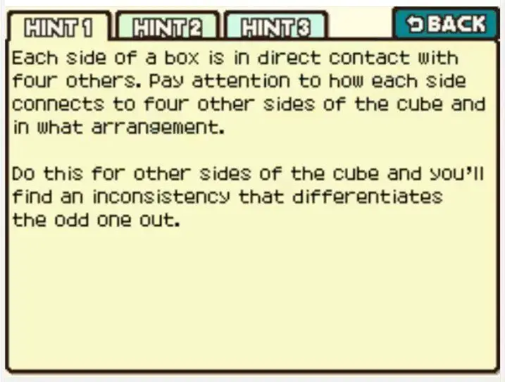 Professor Layton and the Curious Village Puzzle 115 - Odd Box Out Hint 1