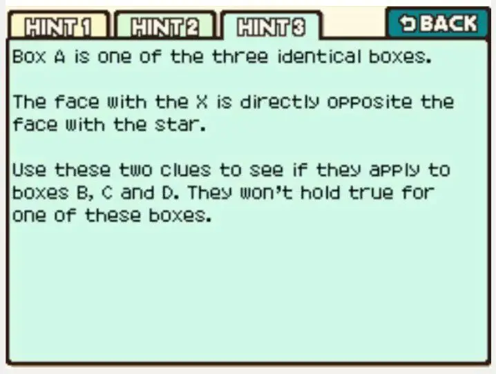 Professor Layton and the Curious Village Puzzle 115 - Odd Box Out Hint 3