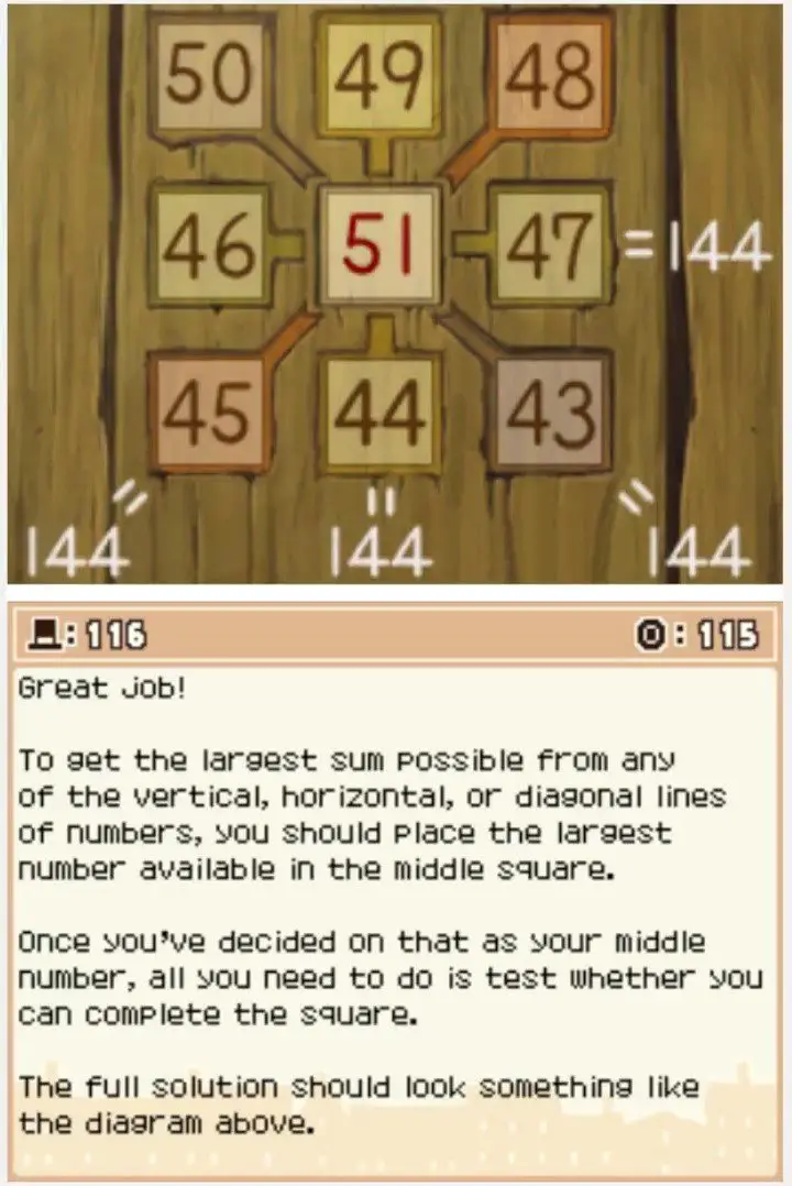 Answer screen for Professor Layton and the Curious Village Puzzle 116 - The Largest Total