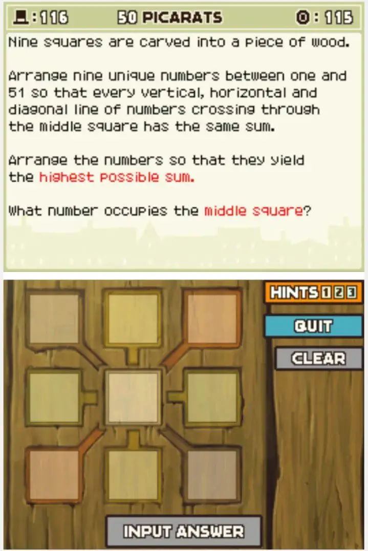 Puzzle overview for Professor Layton and the Curious Village Puzzle 116 - The Largest Total