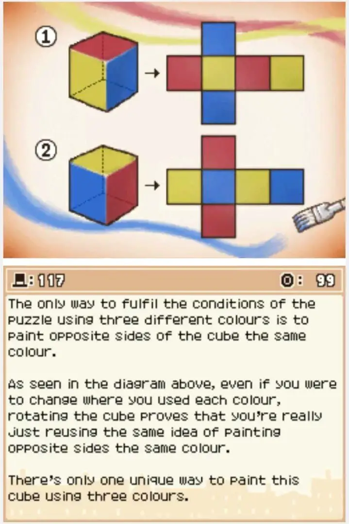 Answer screen for Professor Layton and the Curious Village Puzzle 117 - Painting a Cube