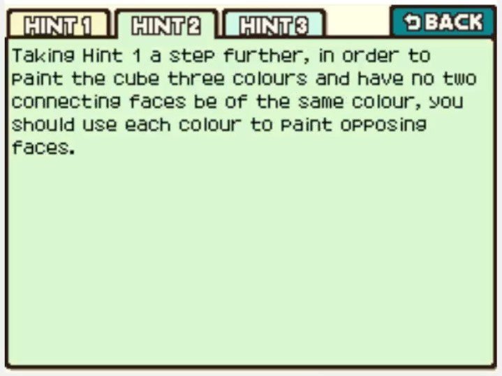 Professor Layton and the Curious Village Puzzle 117 - Painting a Cube Hint 2