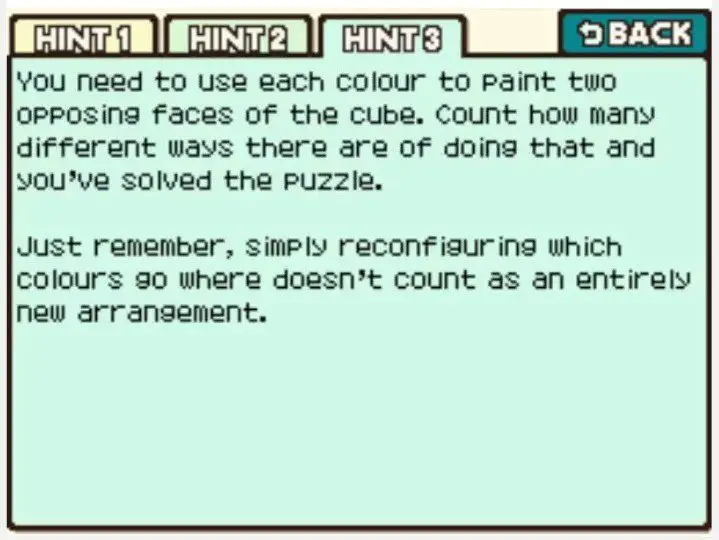 Professor Layton and the Curious Village Puzzle 117 - Painting a Cube Hint 3