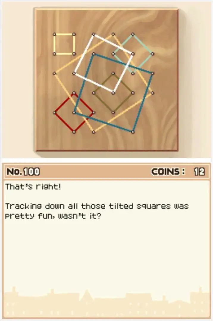 Answer screen for Professor Layton and the Curious Village Puzzle 100 - Seven Squares