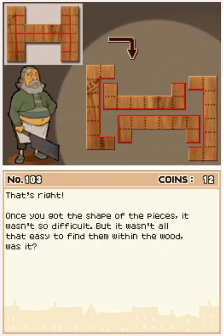 Answer screen for Professor Layton and the Curious Village Puzzle 103 - Wood Cutouts