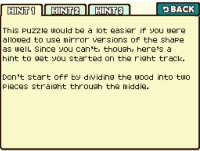 Professor Layton and the Curious Village Puzzle 103 - Wood Cutouts Hint 1